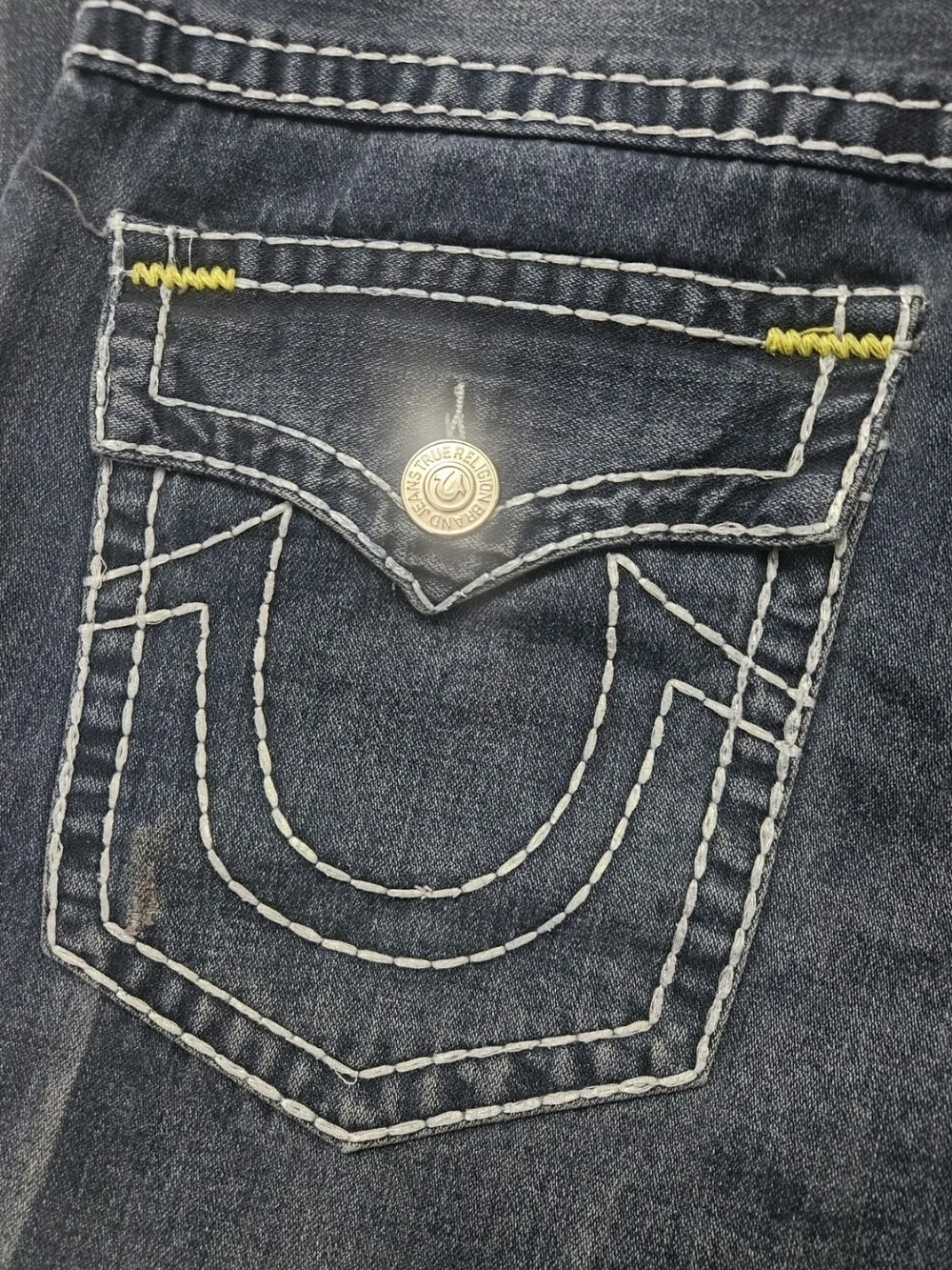 True Religion Men's Dark Indigo Bootcut Jeans with Contrast Stitching